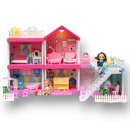 Кукольный дом SHARKTOYS двухэтажная вилла с балконом двумя куклами и питомцами