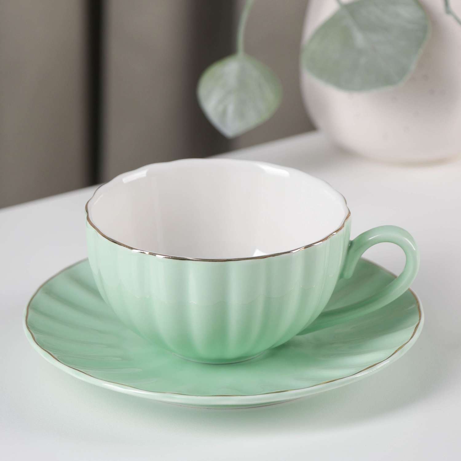 Чайная пара Доляна Вивьен чашка 200 мл блюдце цвет зеленый - фото 1