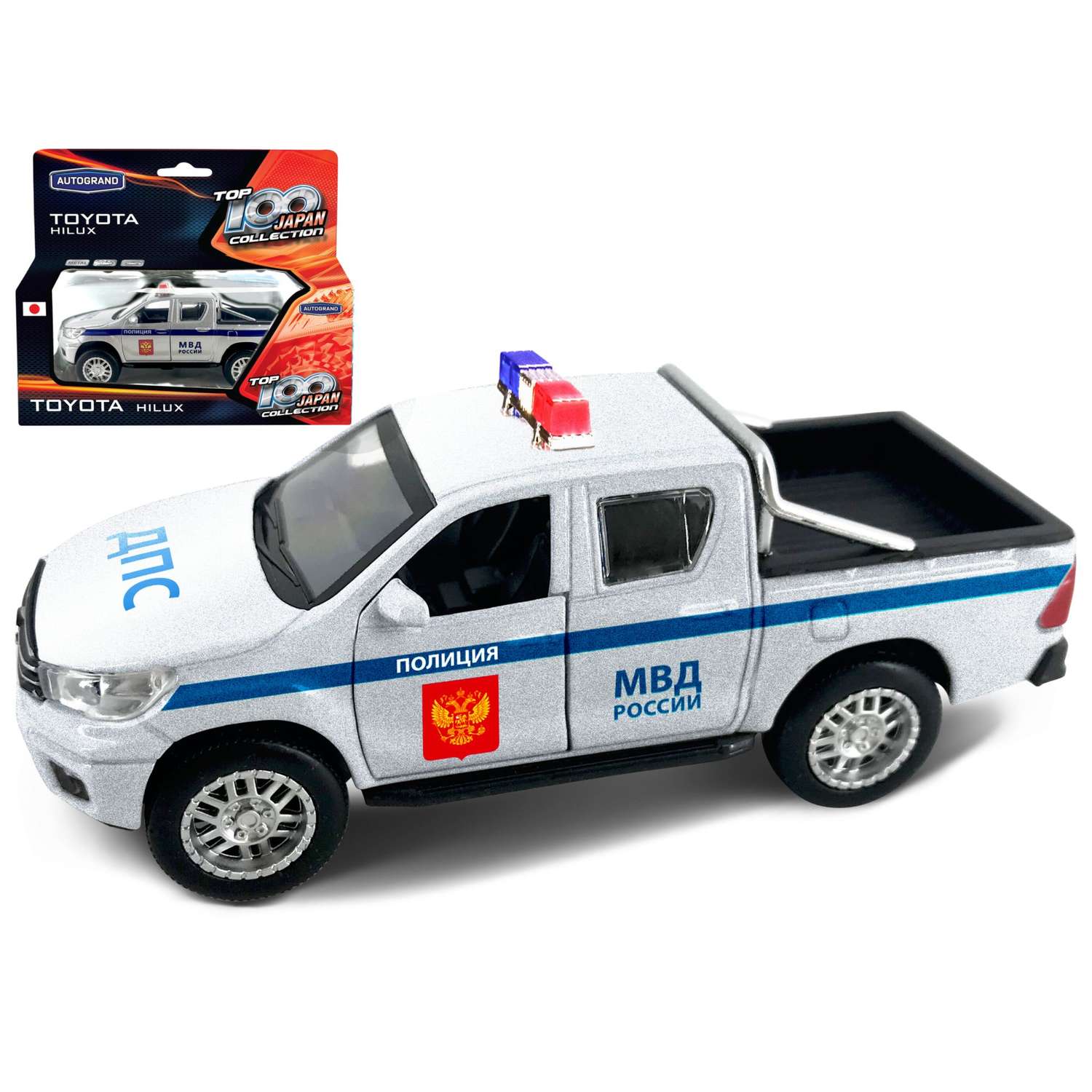 Машинка AUTOGRAND Toyota Hilux полиция ДПС металлическая с инерционным механизмом 12 см 65289 - фото 4