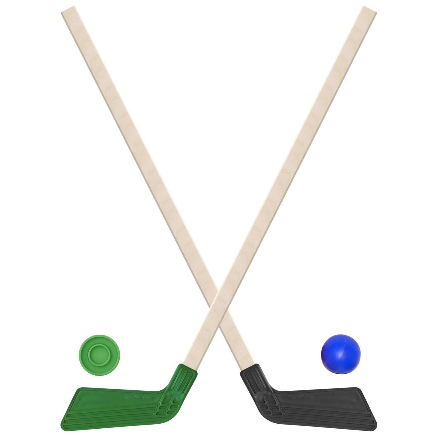 Набор для хоккея Задира Клюшка хоккейная детская 2 шт черная + зеленая + шайба + мячик - фото 1