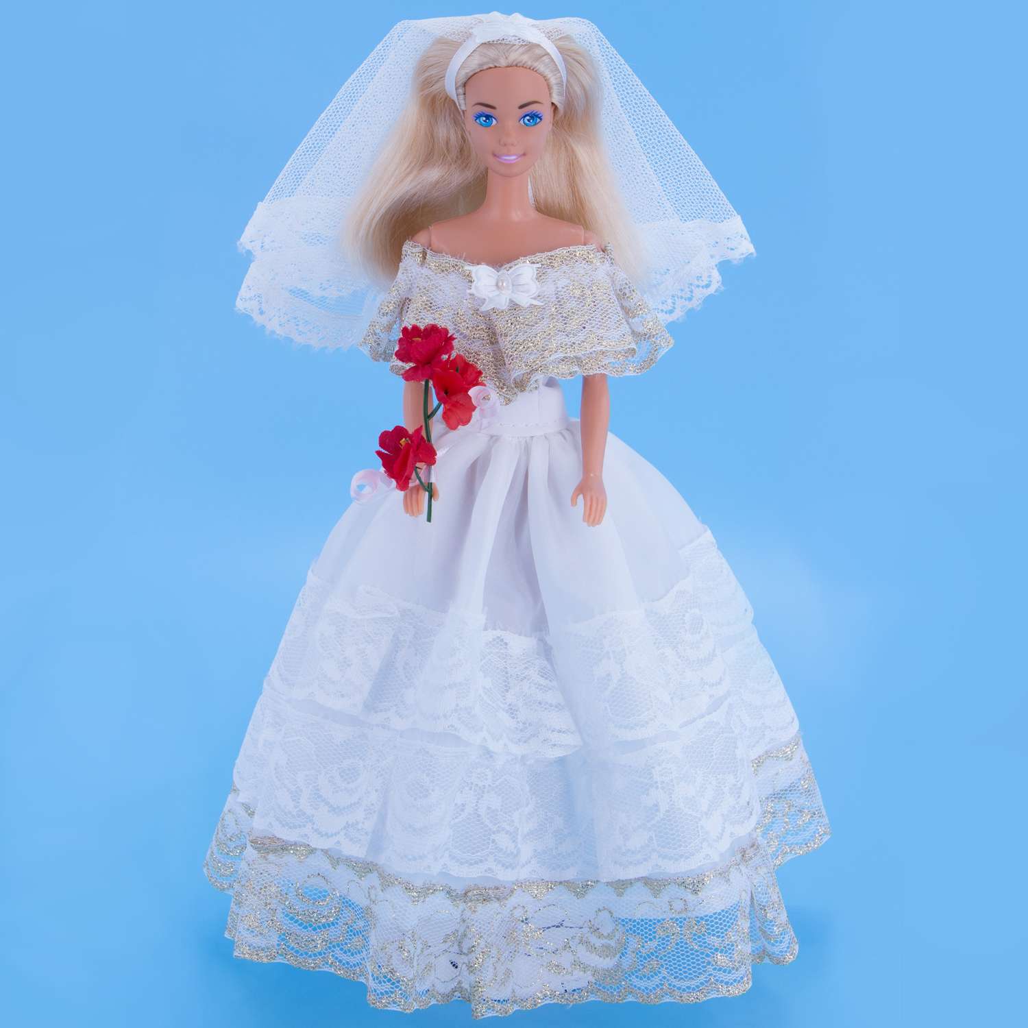 Одежда для кукол Модница 29 см Свадебное платье с фатой 1904 белый-золото 1904белый&amp;золото - фото 1