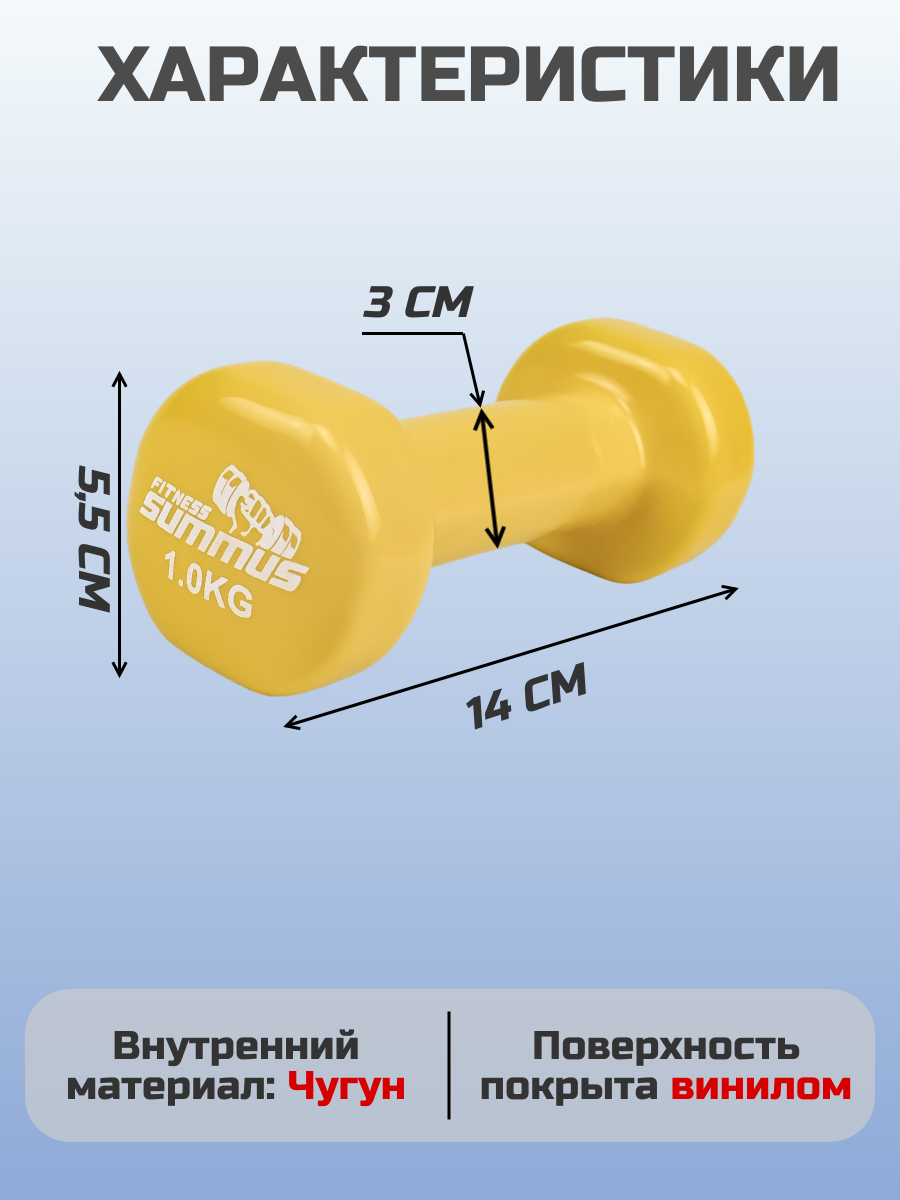 Гантели Summus винил/чугун желтые - фото 2