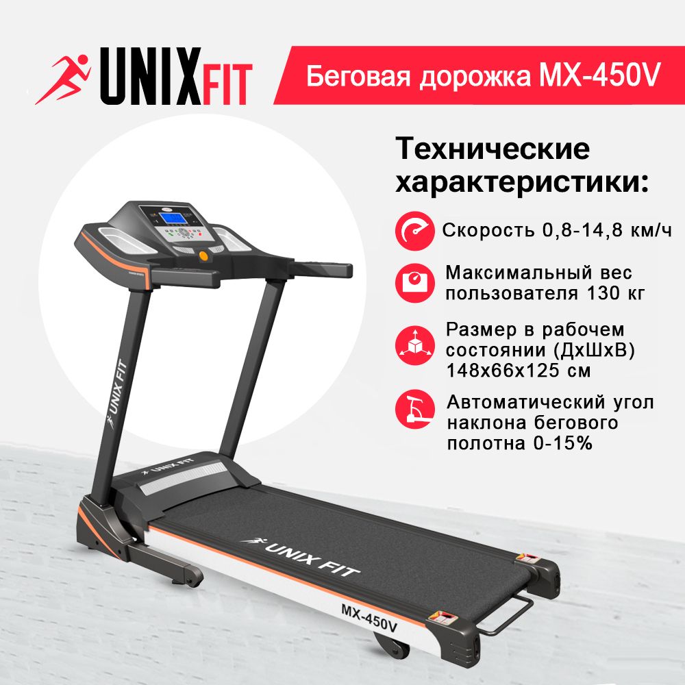 Беговая дорожка UNIX Fit MX-450V до 130 кг 0.8 - 14.8 км/ч угол наклона 0-15% - фото 1