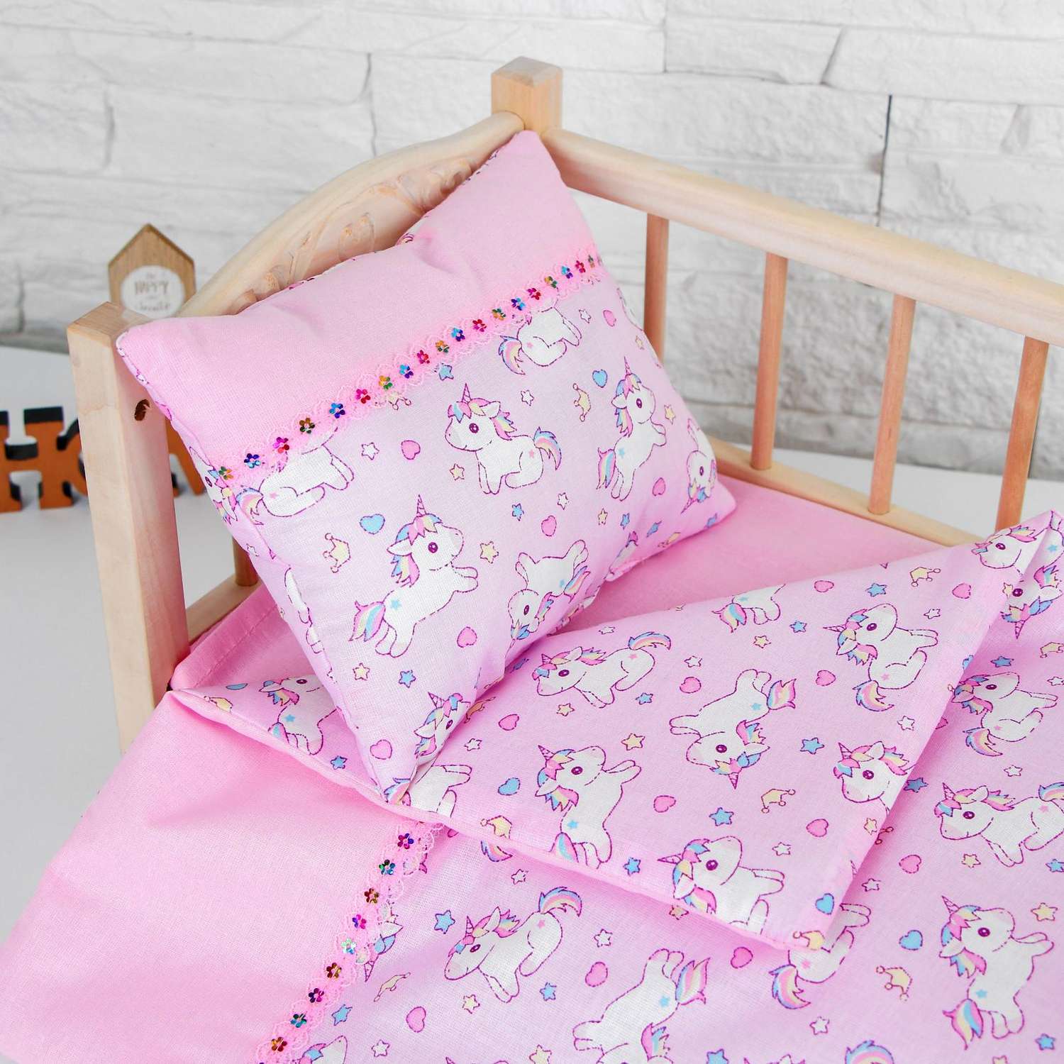 Постельное бельё для кукол Страна карнавалия «Единорожки на розовом» простынь одеяло подушка 5139449 - фото 2