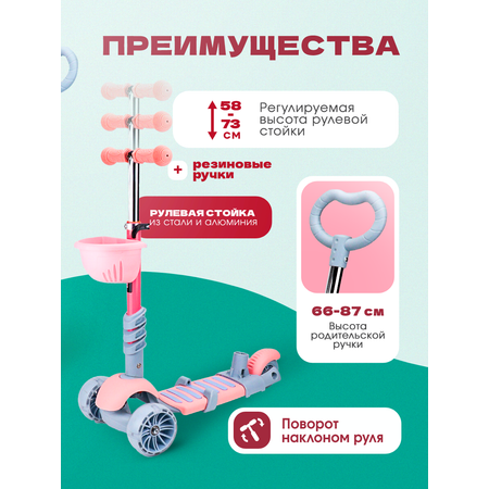 Самокат трехколёсный Velobibi Great 3в1 Колеса PU Розовый