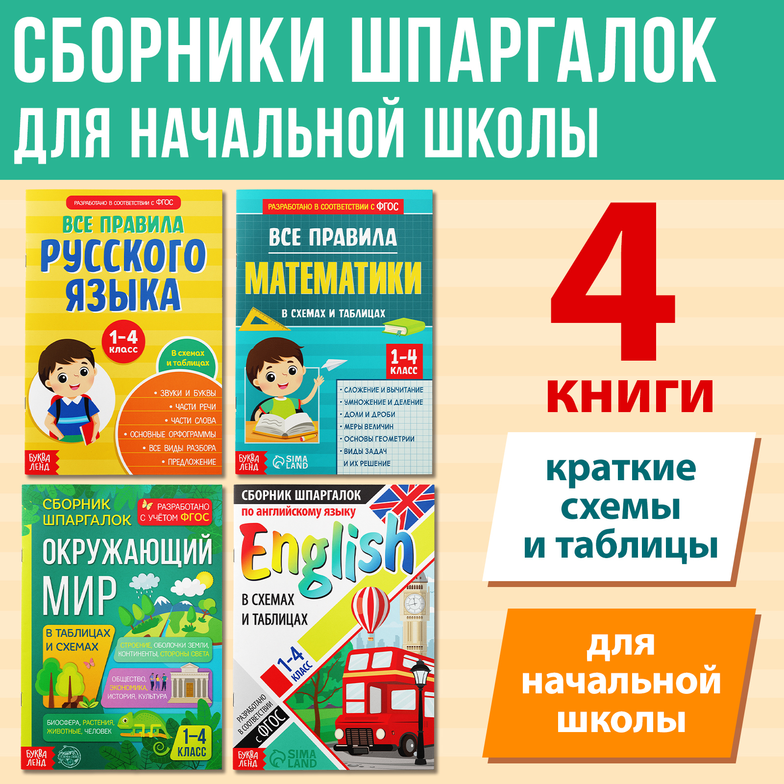 Набор для начальной школы Буква-ленд «Сборники шпаргалок» 4 книги, 7+ - фото 1