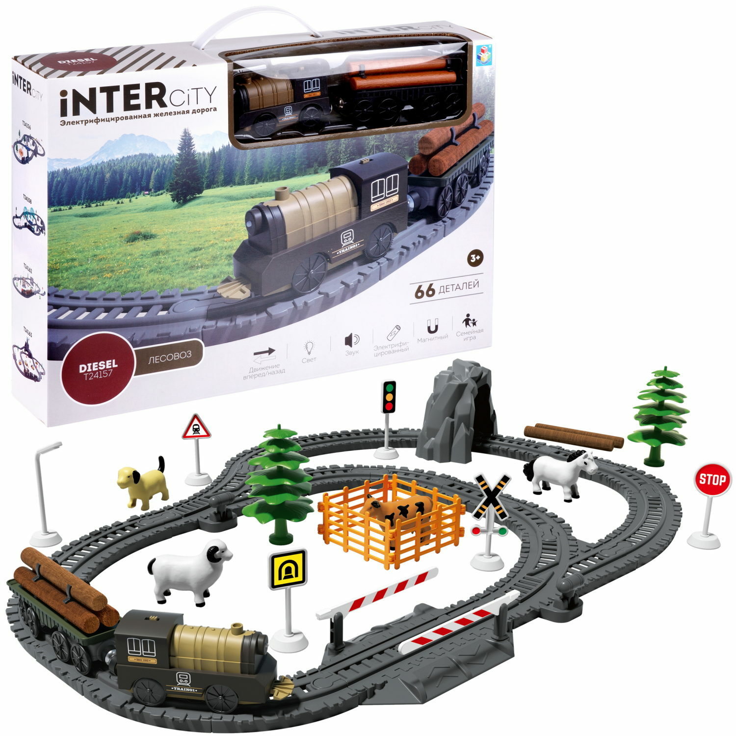 Игровой набор 1TOY InterCity Diesel Железная дорога Лесовоз 66 деталей