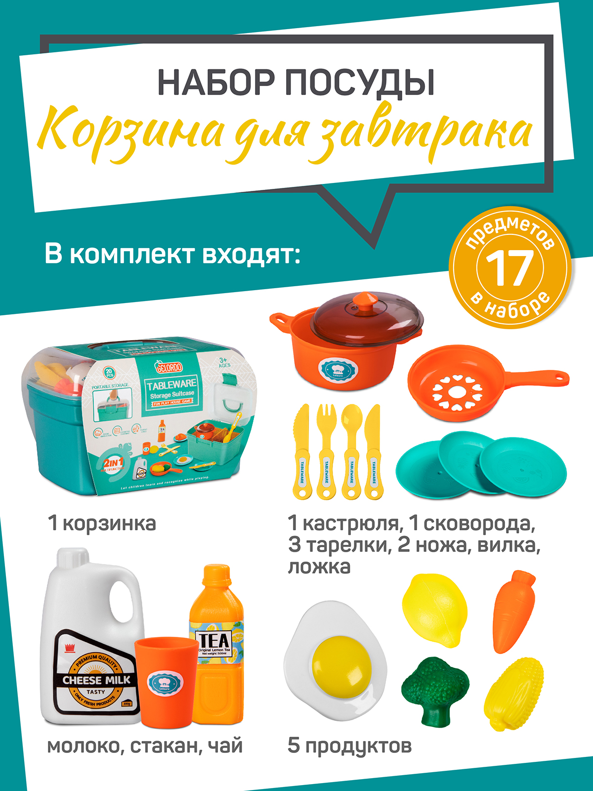 Игровой ДЖАМБО Набор посуды с продуктами Корзина для завтрака 17 предметов - фото 4